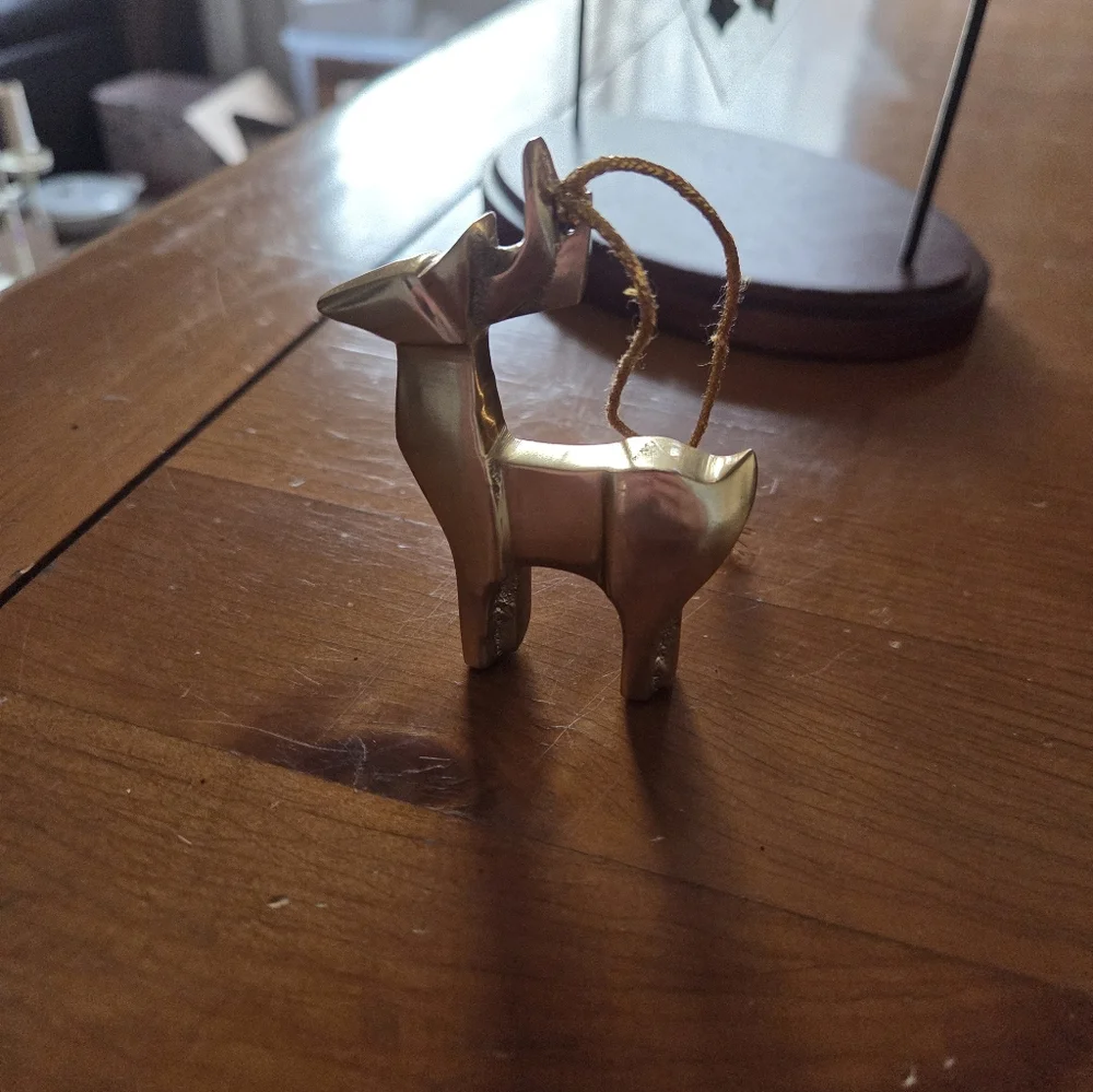 Contemporary Heavy Brass Or Gold Toned Metal Reindeer Ornament